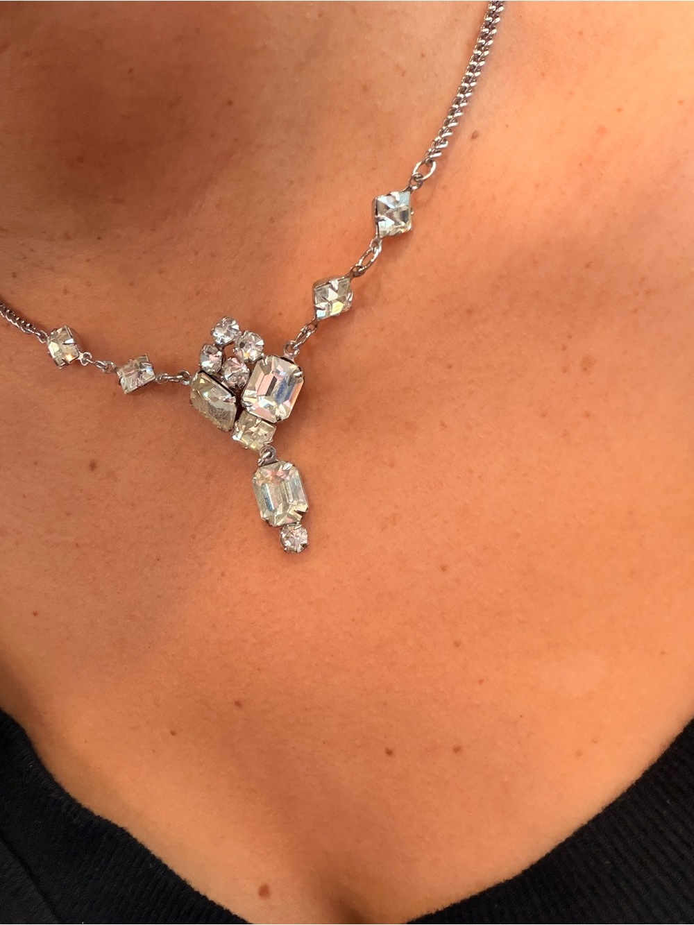 Vintage Crystal Cluster Pendant Necklace - Silver Tone #756